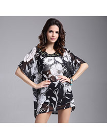 Casual Black Flower Pattern Decorated Batwing Sleeve Loose Blouse